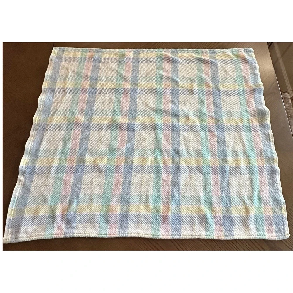 Vintage Gerber Thermal Weave Crib Blanket Pastel Plaid Check Cotton 32x37